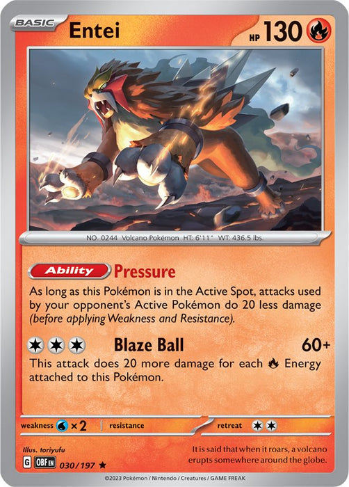 Entei 030/197 Rare Reverse Holo Pokemon Card (SV Obsidian Flames)