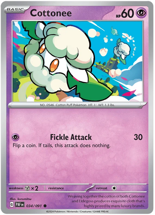 Cottonee 034/091 Common Reverse Holo Pokemon Card (SV 4.5 Paldean Fates)