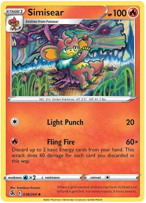 Simisear 038/264 Uncommon Reverse Holo Pokemon Card (SWSH Fusion Strike)