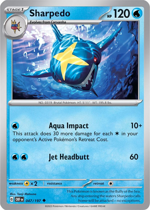 Sharpedo 047/197 Uncommon Reverse Holo Pokemon Card (SV Obsidian Flames)