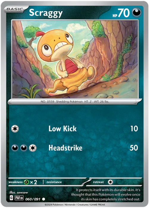 Scraggy 060/091 Common Reverse Holo Pokemon Card (SV 4.5 Paldean Fates)