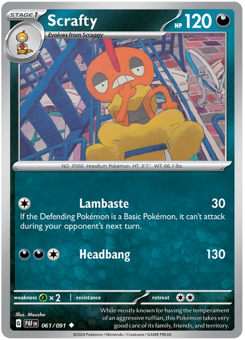 Scrafty 061/091 Uncommon Reverse Holo Pokemon Card (SV 4.5 Paldean Fates)