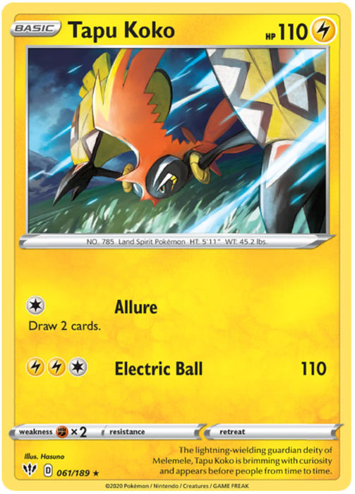 Tapu Koko 061/189 Rare Holo Pokemon Card (Darkness Ablaze)