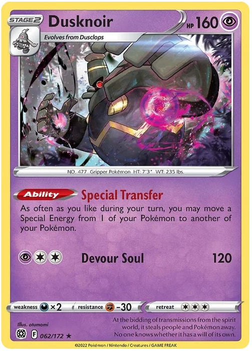 Dusknoir 062/172 Rare Holo Pokemon Card (SWSH Brilliant Stars)