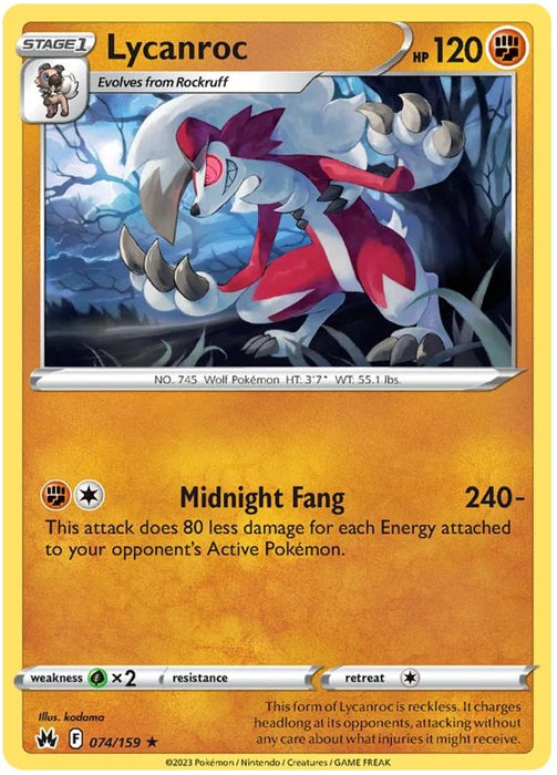 Lycanroc 074/159 Rare Pokemon Card (SWSH Crown Zenith)