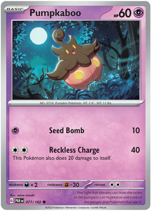 Pumpkaboo 077/182 Common Reverse Holo Pokemon Card (SV04 Paradox Rift)