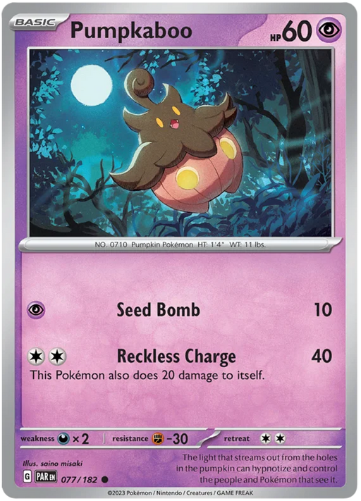 Pumpkaboo 077/182 Common Reverse Holo Pokemon Card (SV04 Paradox Rift)