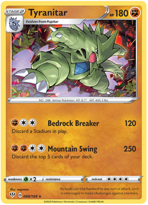 Tyranitar 088/189 Rare Holo Pokemon Card (Darkness Ablaze)