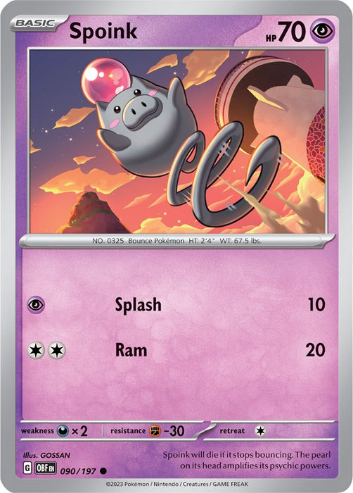 Spoink 090/197 Common Reverse Holo Pokemon Card (SV Obsidian Flames)