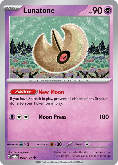 Lunatone 092/197 Uncommon Reverse Holo Pokemon Card (SV Obsidian Flames)