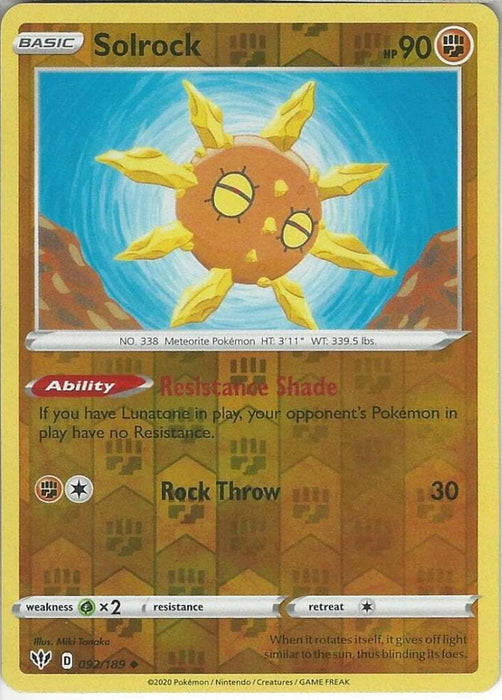 Solrock 092/189 Uncommon Reverse Holo Pokemon Card (Darkness Ablaze)