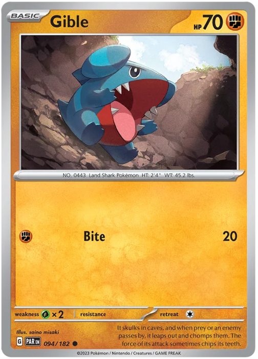 Gible 094/182 Common Reverse Holo Pokemon Card (SV04 Paradox Rift)