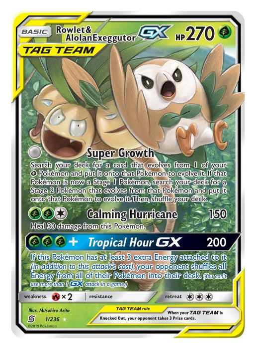 Rowlet & Alolan Exeggutor Tag Team GX 1/236 Ultra Rare Pokemon Card (Unified Minds)