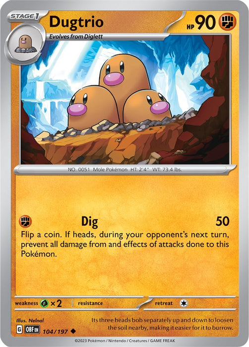 Dugtrio 104/197 Uncommon Reverse Holo Pokemon Card (SV Obsidian Flames)