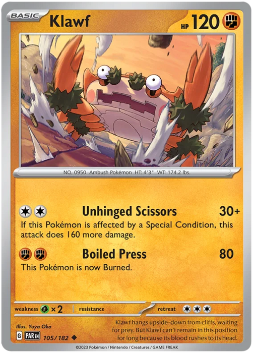 Klawf 105/182 Uncommon Reverse Holo Pokemon Card (SV04 Paradox Rift)