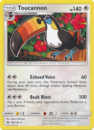 Toucannon 108/149 Rare Reverse Holo Pokemon Card (Sun & Moon Base Set)