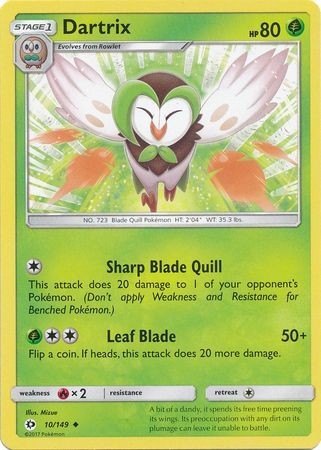 Dartrix 10/149 Uncommon Reverse Holo Pokemon Card (Sun & Moon Base Set)