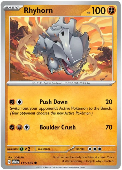 Rhyhorn 111/165 Common Pokemon Card (Pokemon SV 151)