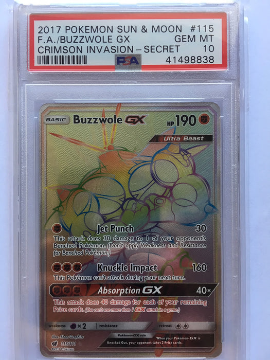 Buzzwole GX 115/111 Rainbow Rare PSA 10 (Crimson Invasion)