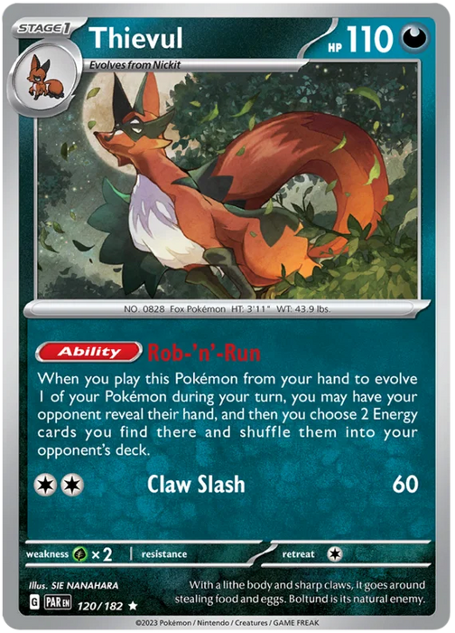 Thievul 120/182 Rare Reverse Holo Pokemon Card (SV04 Paradox Rift)