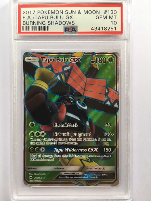 Tapu Bulu GX 130/147 Full Art PSA 10 Gem Mint Card (Burning Shadows)