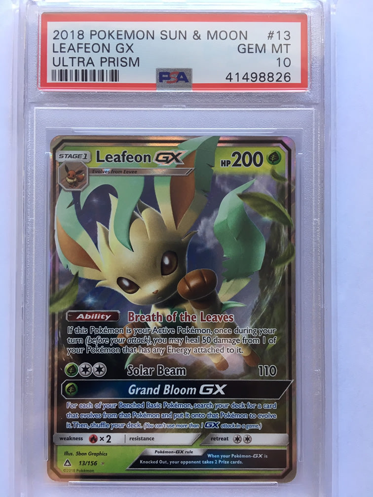pokemon cards leafeon gx Leafeon GX 13/156 PSA 10 Graded Pokemon Card (Ultra Prism) — Titan Cards Ltd