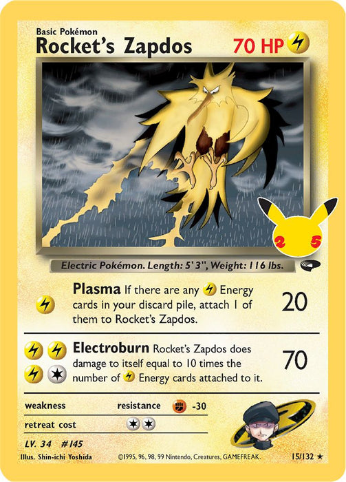 Rocket's Zapdos 15/132 (Gym Challenge) Rare Holo Pokemon Card (Celebrations Classic Collection)