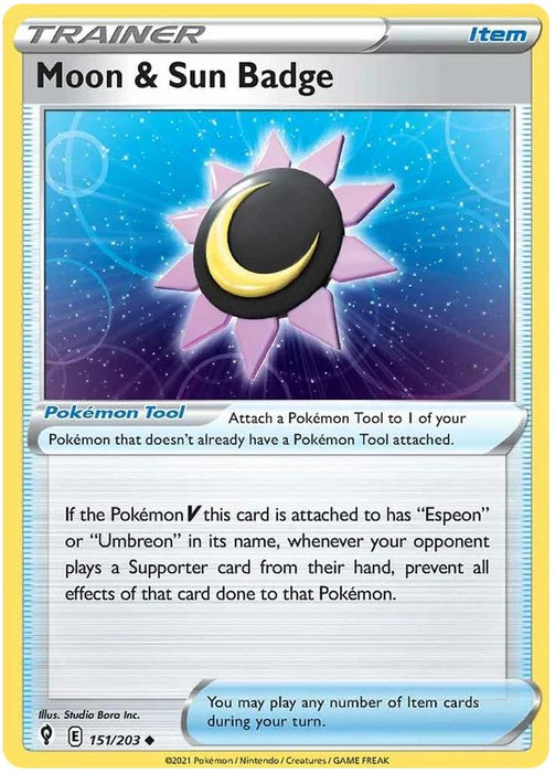Moon & Sun Badge 151/203 Uncommon Reverse Holo Pokemon Card (SWSH Evolving Skies)