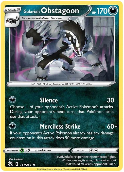 Galarian Obstagoon 161/264 Rare Holo Reverse Holo Pokemon Card (SWSH Fusion Strike)