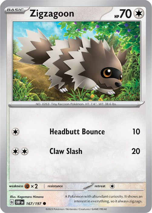 Zigzagoon 167/197 Common Reverse Holo Pokemon Card (SV Obsidian Flames)