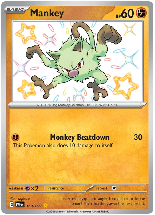 Mankey 169/091 Shiny Rare Pokemon Card (SV 4.5 Paldean Fates)