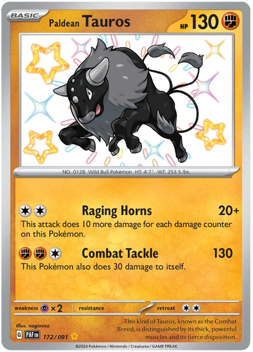 Paldean Tauros 172/091 Shiny Rare Pokemon Card (SV 4.5 Paldean Fates)