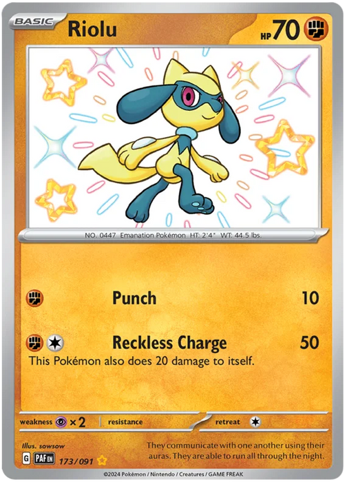 Riolu 173/091 Shiny Rare Pokemon Card (SV 4.5 Paldean Fates)