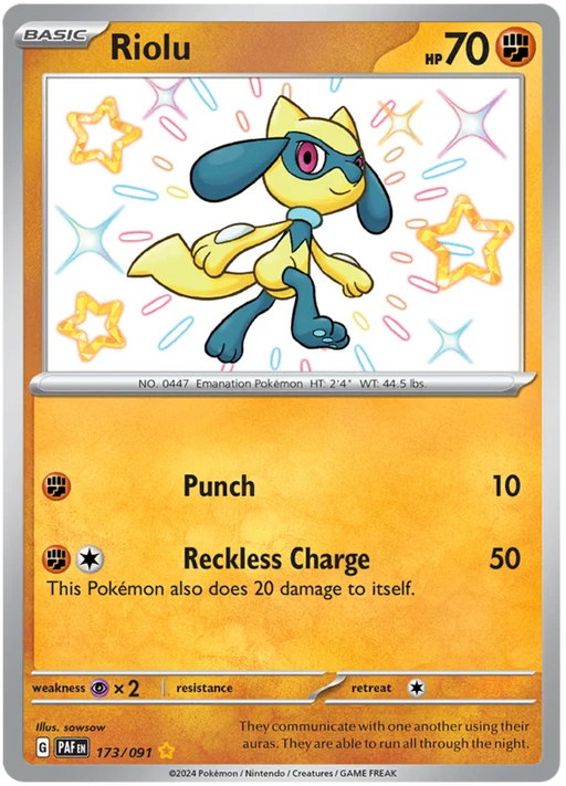 Riolu 173/091 Shiny Rare Pokemon Card (SV 4.5 Paldean Fates)