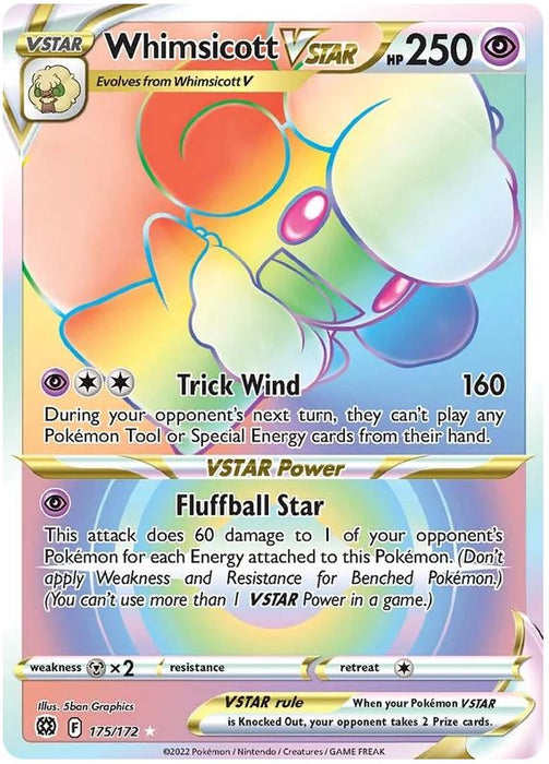 Whimsicott VSTAR 175/172 Rainbow Secret Rare Pokemon Card (SWSH Brilliant Stars)