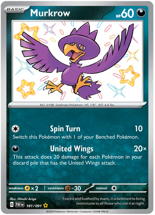 Murkrow 181/091 Shiny Rare Pokemon Card (SV 4.5 Paldean Fates)