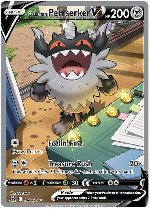 Galarian Perrserker V 184/196 Rare Ultra Pokemon Card (Sword & Shield Lost Origin)