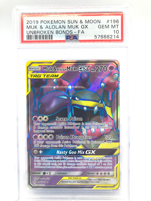 Muk & Alolan Muk GX 196/214 PSA 10 Gem Mint Graded Pokemon Card (Unbroken Bonds)