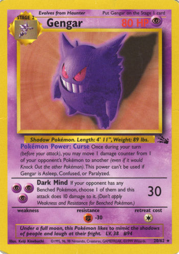 Gengar 20/62 Rare Pokemon Card (Fossil Set)