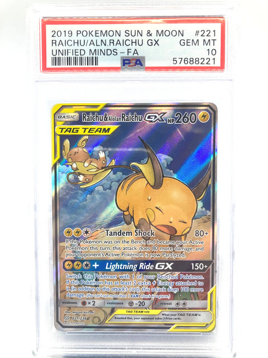 Raichu & Alolan Raichu GX 221/236 PSA 10 Graded Pokemon Card (Sun & Moon Unified Minds)