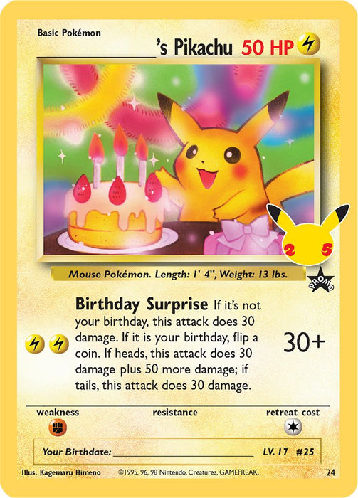 Birthday Pikachu (Wizards Black Star Promos) 24 Pokemon Card (Celebrations Classic Collection)