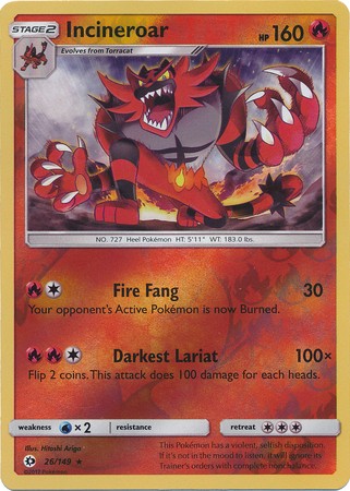 Incineroar 26/149 Rare Reverse Holo Pokemon Card (Sun & Moon Base Set)