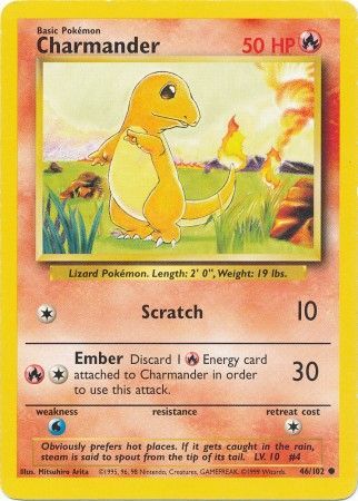 Charmander 46/102 Exc. Cond Common Pokemon Card (Base Set)