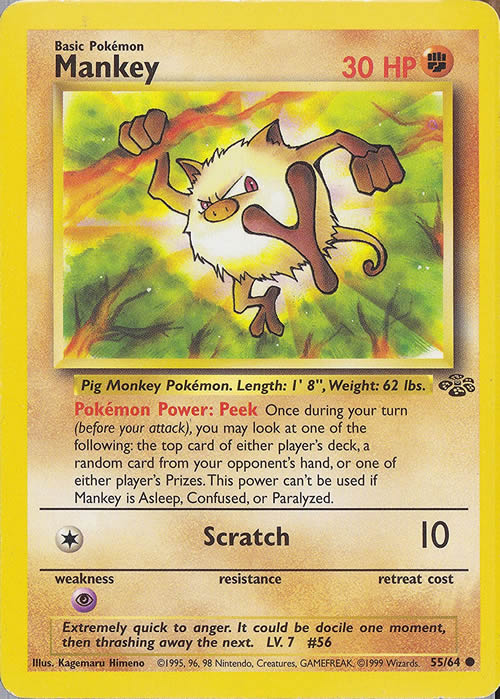 Mankey 55/64 Common Exc. Cond. Pokemon Card (Jungle Set)