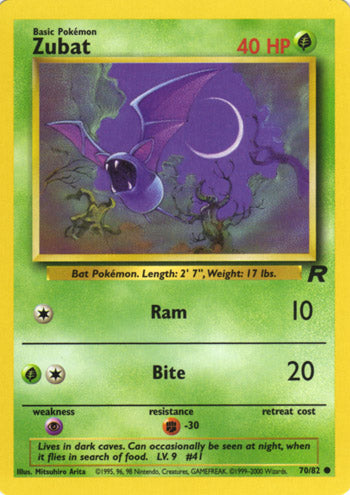 Zubat 70/82 Common Exc. Cond Pokemon Card (Team Rocket)