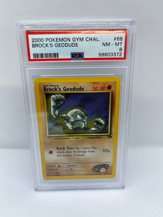 Brock's Geodude 68/132 PSA 8 Graded Common Pokemon Card (2000 Pokemon Gym Chal)