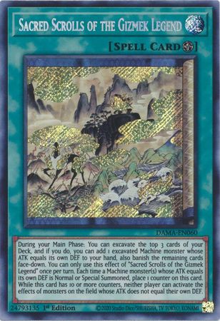 Sacred Scrolls of the Gizmek Legend DAMA-EN060 Secret Rare Yu-Gi-Oh Card (Dawn of Majesty)