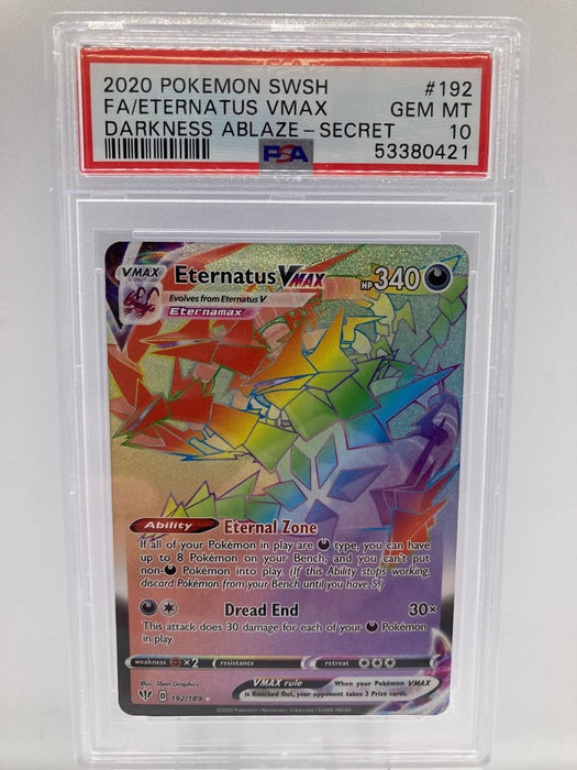 Eternatus VMAX 192/189 Rainbow Secret Rare Graded Pokemon Card PSA 10 Titan Cards Ltd Eternatus VMAX 192/189 Rainbow Secret Rare Graded Pokemon Card PSA 10 Titan Cards Ltd