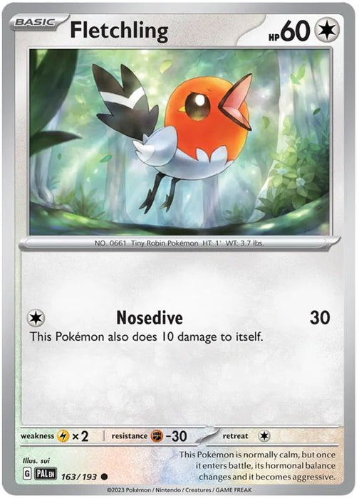 Fletchling 163/193 Common Reverse Holo Pokemon Card (SV2 Paldea Evolved)