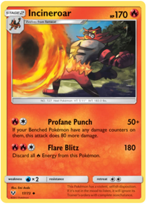 Incineroar 17/73 Uncommon Reverse Holo Pokemon Card (Shining Legends)